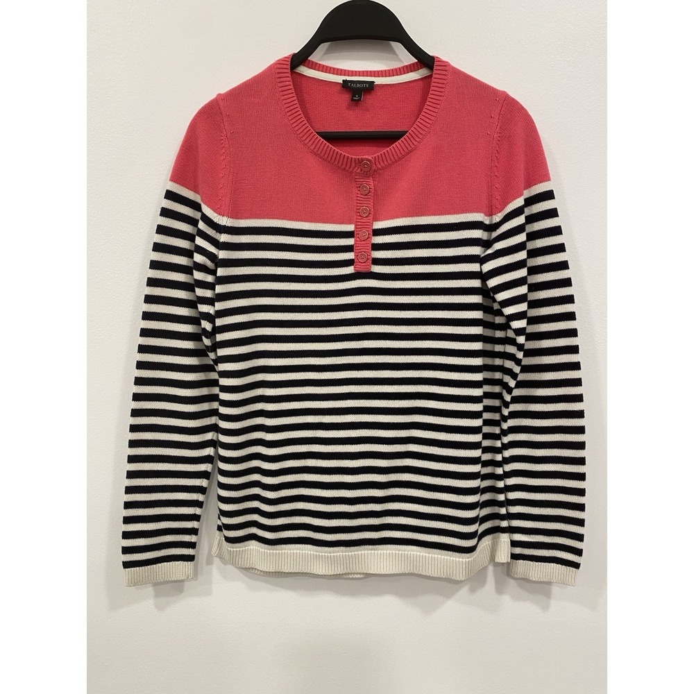 Talbots womens sweater nautical Preppy pink navy blue ivory striped SZ small